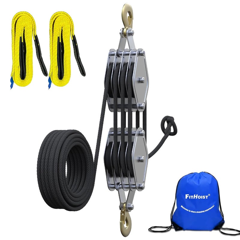 FITHOIST Block and Tackle 4400LBS Breaking Strength Heavy Duty Pulley Hoist, 65 Ft Rope, 7:1 Lifting Power, 2 Pcs 8 Ft Lift Sling (Black) - Image 1